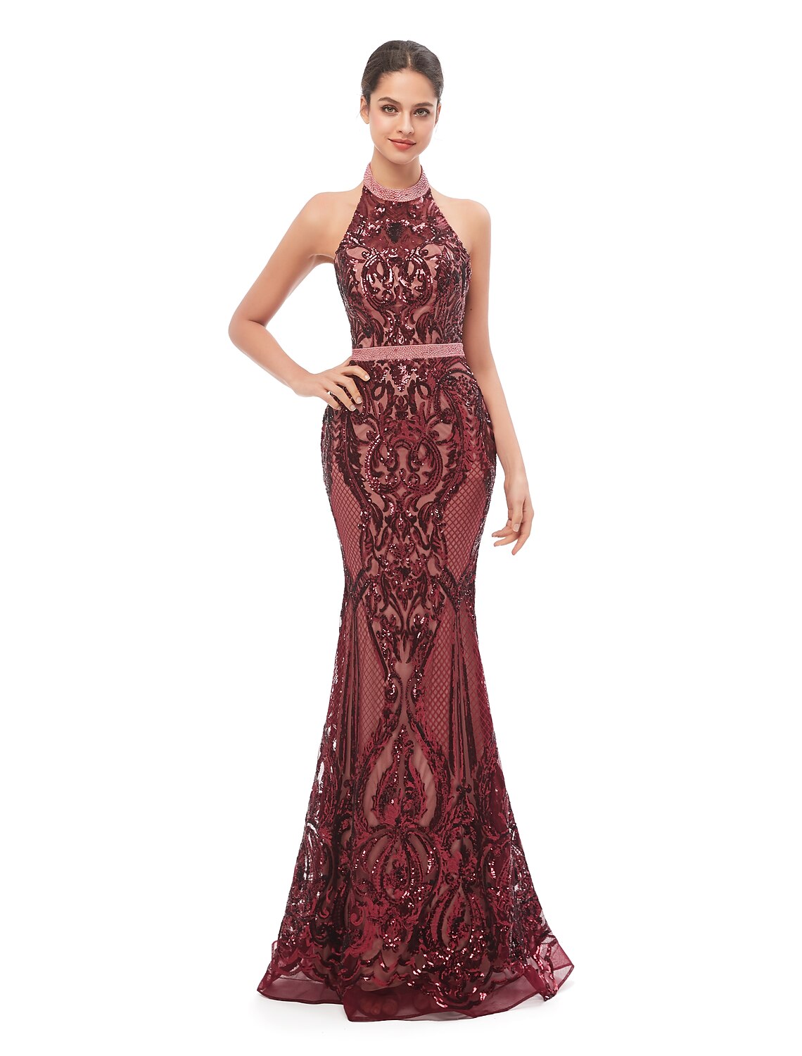 Meerjungfrau/Trompete Abendkleid Schönes Rückenkleid Ballkleid Bodenlang Ärmellos Neckholder Pailletten mit Pailletten